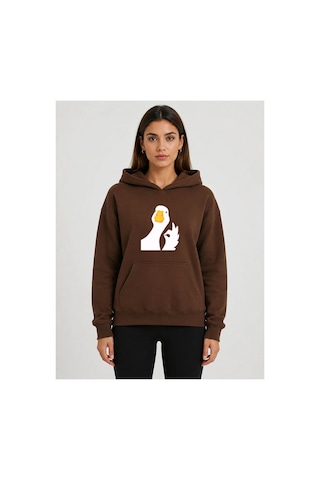 Herkesemoda Ördek Baskılı Kapüşonlu 2 İplik Şardonlu Sweatshirt Kahverengi