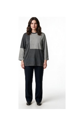 Gala-xi Kadın Büyük Beden Blok Desenli Bisiklet Yaka Uzun Kollu Sweatshirt Gri