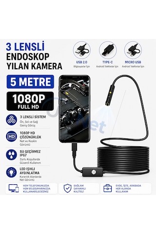 Uninet Türkiyede Ilk 5 Metre 3 Kameralı Android Ve Bilgisayar Uyumlu Endoskop Yılan Kamera 1080p Full Hd