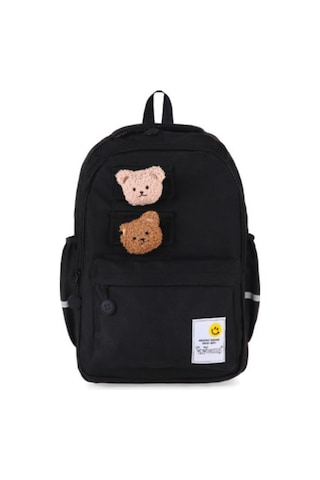 Young İki Ayıcık Maskotlu Siyah Okul Çantası Sırt Çantası Spor Çantası 51666 Desenli