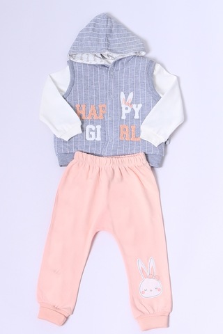 Kız Bebek Yelekli Takım Kapşonlu Çıtçıtlı Tavşan Baskılı A15 Yavruağzı