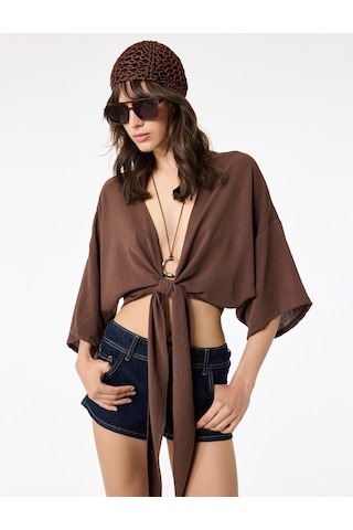 Koton Kısa Kollu Kruvaze Yaka Bağlamalı Crop Oversize Kimono Kahverengi 6sal50004ıw Kahve