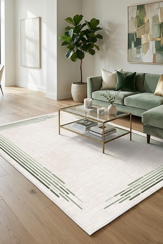Modern Çerçeve Desen Baskılı Kaymaz Yıkanabilir Salon Oturma Odası Mutfak Balkon Halısı Yolluk Yeşil