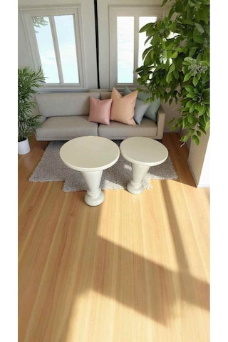 Ahşap Mantar Sehpa 2 Li Set Krem Renk Modern Yan Sehpa Takımı - Zigon Sehpa Takımı Krem
