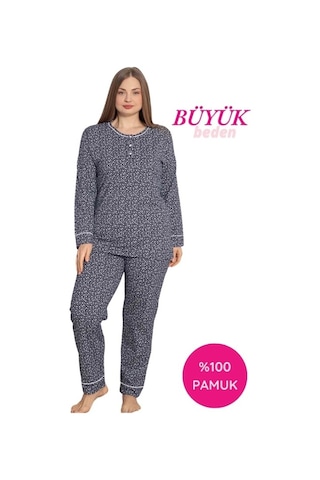 Kadın Bisiklet Yaka Büyük Beden Lacivert Çiçek Desen 3 Düğmeli Mevsimlik Uzun Kol Pijama Takımı Lacivert