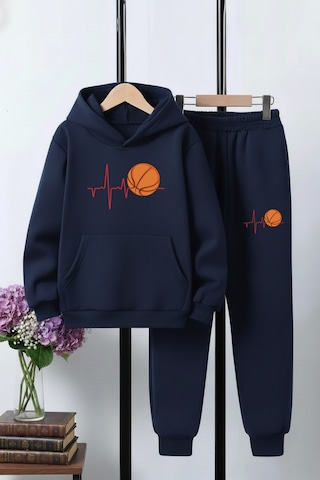 Fyk Kids 3 İplik Şardonlu Kışlık Nabız Basketbol Baskılı Kanguru Cepli Kapüşonlu Erkek Çocuk Eşofman Takımı Lacivert