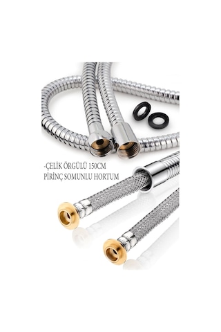 Kustar Çelik Örgülü Pirinç Somunlu Patlamaz Paslanmaz Yıpranmaz 150 Cm Banyo Duş Hortumu Gri