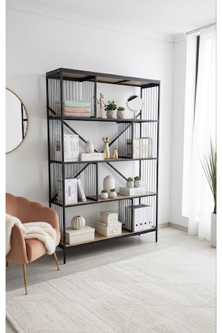 Dekoratif Lüx 5 Raflı Kitaplık Geniş Metal Kitaplık Dosya Rafı Ofis Salon Raf Ceviz Siyah Metal Tel