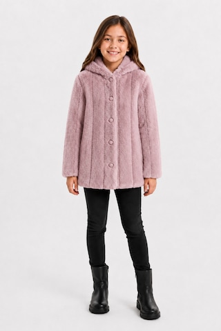 Ahengim Kız Çocuk Kışlık Kapüşonlu Düğmeli Astarlı Dikey Çizgili Peluş Mont Ak4510 Pembe