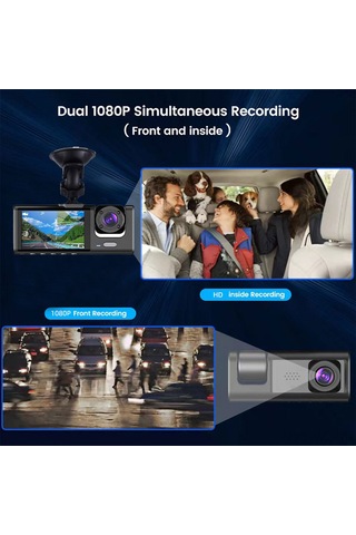 Wezone Üç Kameralı Araba Gördücü Wifi Versiyonu - 1080p Ön + İç + Arka Kayıt, Gece Görüşü, Döngüsel Kayıt, Tek Tuş Kilidi, 2 İnç Ekran, Siyah