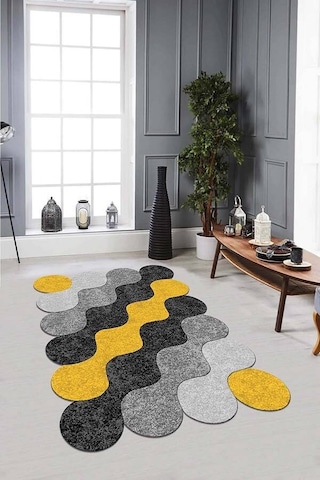 Sarı Daire Desenli Kaymaz Tabanlı Lazer Kesim Halı Lz25n11