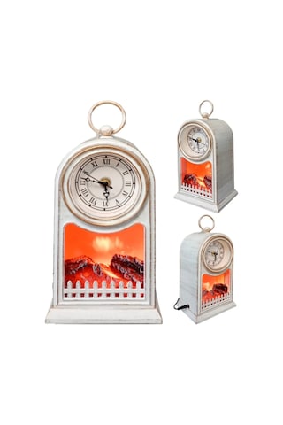 Saat Vintage Dekoratif Masa Saati Nostaljik Analog Alev Efektli Led Işıklı Eskitme Şömine Saat Çok Renkli