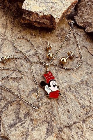 Mini Şık Kıyafetiyle Sizlerle Tatlı Mouse Paslanmaz Çelik Gold Renk Kolye Küpe Seti Altın