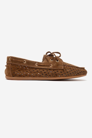 Luvishoes Stevo Taba Süet Hakiki Deri Delikli Bağcıklı Kadın Loafer Ayakkabı