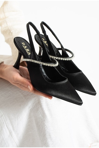 Dabab Shoes Vına Kadın Siyah Sivri Burun 7 Cm İnce Topuklu Taş Detaylı Bilekten Bantlı Klasik Abiye Ayakkabı