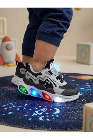 Cool Kids Erkek Bebek Işıklı İlk Adım Kışlık Mekanizmalı Bağcık Kaydırmaz Hafif Eva Taban Ortopedik Rahat Cilt Deri Spor Ayakkabı Gri
