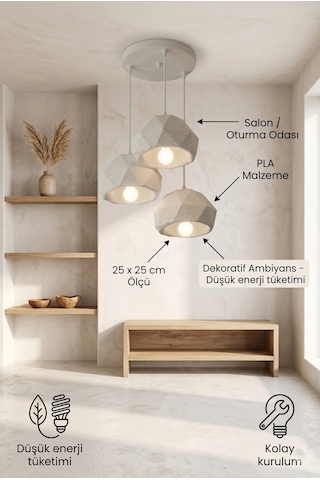 3 Lü Beyaz Geometrik Dekoratif Avize - Ayarlanabilir Boy Sarkıt Aydınlatma - Kırılmaz Hafif Pla Malzeme Modern Salon Lambası
