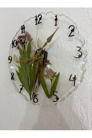 Pelince - Zakkum Çiçekli Ve Tavşan Kuyruğu Bitkisi - Epoksi Duvar Saati - Özel Tasarım - Tek Üretim - 30 Cm Şeffaf