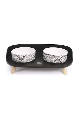 M-pets Altitude Urban Style Double Raised Pet Bowl 2li Siyah Beyaz