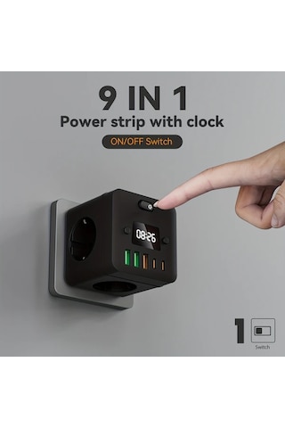 Motion003 9'lu Çoklu Fişli Saat Priz Adaptörü 3 Usb Portu Aşırı Yük Koruması Ev Ofis İ