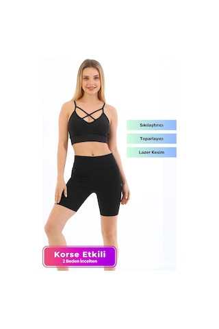 Yeni Sezon Toparlayıcı Sıkılaştırıcı Şekillendirici Lazer Kesim Biker Korseli Tayt SiYAH