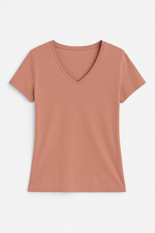 Markapia Kadın V Yaka Kısa Kollu Düz T-shirt Bej
