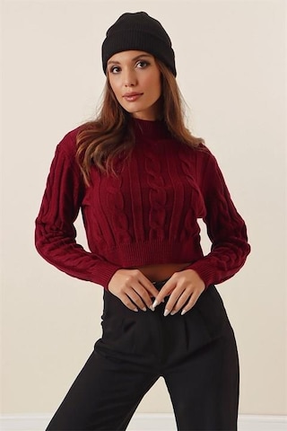 Yarım Balıkçı Yaka Saç Örgülü Kısa Crop Bordo Kazak Bordo