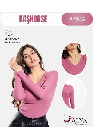 Pamuklu Kaşkorse V Yaka Body Sweatshirt, Fitilli Kumaş Likralı Bluz, Asker Yeşili Badi Gül Kurusu