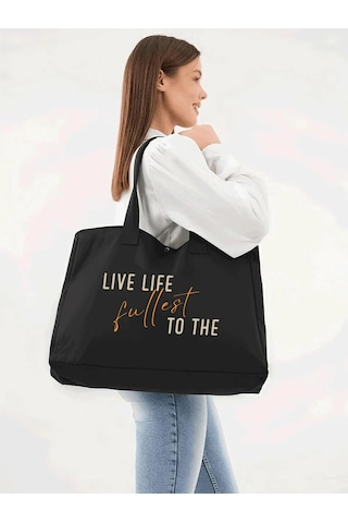 Çınar Bez Çanta Siyah 3 Çıtlı Live Life Baskılı Büyük Boy Kanvas Çanta - Standart