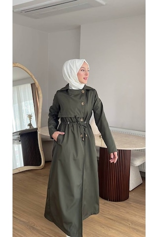 Esra Butik78 Kadın Düğmeli Trençkot Kendi Kumaşından Kemerli Model Haki