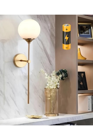 Modern Tasarım Aç Kapa Butonlu Pilli Aplik Duvar Beyaz Opak Beyaz Camlı Aplik Eskitme Gold Eskitme