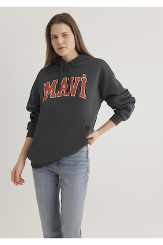 Mavi - Mavi Logo Baskılı Kapüşonlu Gri Sweatshirt 1600361-80106 Gri