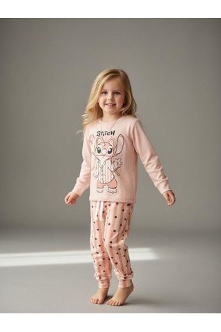 Kız Çocuk Pamuklu Karakter Baskılı Pijama Takımı-16827 Pudra
