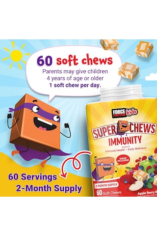 Force Factor Kids Super Chews Immunity Immune Health Apple Berry Burst 60 Soft Chews