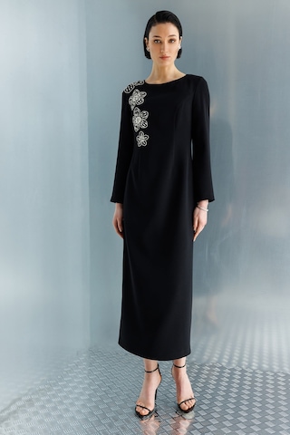 Moda İlgi Kadın Çiçek Desenli Taş Aksesuarlı Klasik Kalem Elbise 0093 Siyah Siyah
