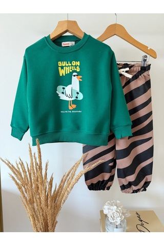 Magu Çocuk Pamuklu Oversize Baskılı Yeşil Sweatshirt Ve Desenli Eşofman Altı Takımı