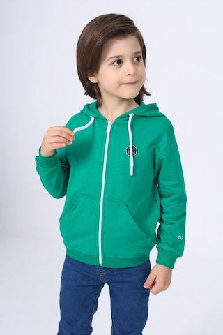 Toontoy Kids Toontoy Erkek Çocuk Kapüşonlu Fermuarlı Cepli Düşük Omuz Baskılı Örme Hırka - 3 İplik Şardonsuz Koyu Yeşil