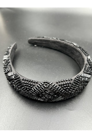 El İşlemeli Siyah Pullu Renk Parlak Motif İşleme Abiye Nişan Davet Kadın Saç Tacı Siyah