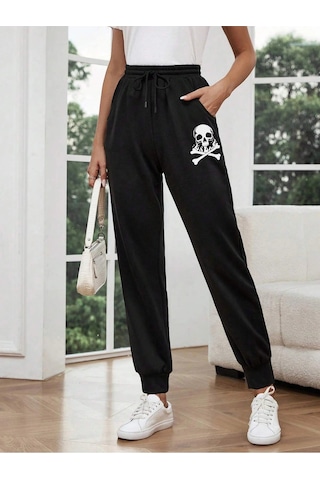 Lune Halloween Skull Print Drawstring Waist 4 Mevsim Eşofman Siyah