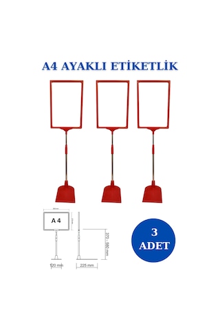 3 Adet Kırmızı A4 Ayaklı Sepet Etiketi Çerçeveli Etiketlik Kırmızı