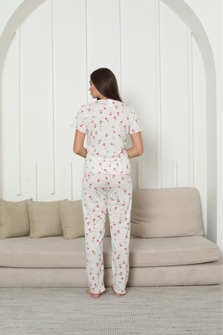 Kadın Örgü Kumaş Blue Flower Pattern Kısa Kol Pijama Takımı Kırmızı
