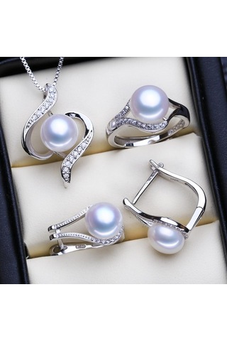 Beyaz Lsooyh Doğal Tatlı Su Inci Kolye Çiçek Kolye Moda Saplama Küpe Yüzükler Kadınlar Için Inci Takı Setleri Beyaz