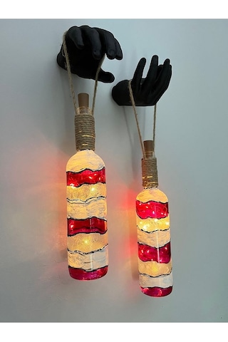 Heykel El Dekorlu Led Işıklı Kırmızı Vitray Cam Şarap Şişesi Apli Çok Renkli