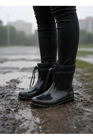 Konçlu Peluşlu Unisex Potin Yağmur Botu 36-40 Siyah Siyah