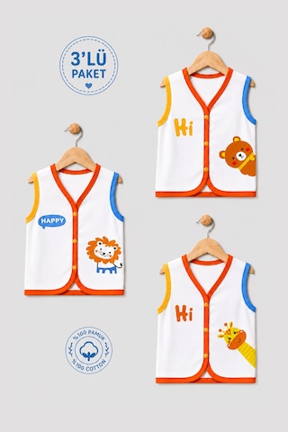 Babyden's 3'lü Bebek Yeleği %100 Pamuk Çıtçıtlı Mevsimlik Yenidoğan Bebek Yelek Seti Safari Baskılı Unisex 0-9 Ay Çok Renkli