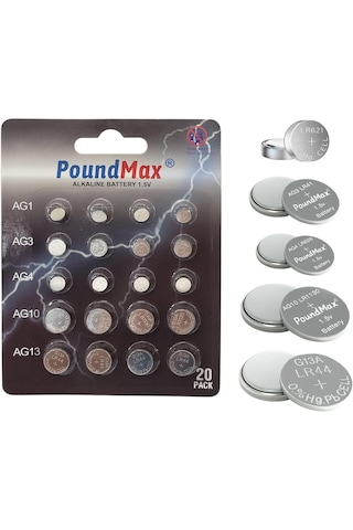 Poundmax 20 Adet Ag1,ag3,ag4,ag10,ag13 Alkalin Karışık Pil