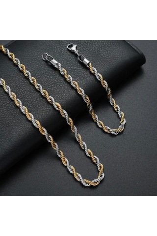 Gold&gümüş Mixli Burgu Unisex Çelik Zincir Kolye Ve Bileklik 3mm