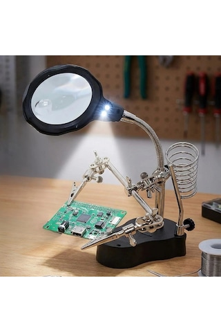 Led Işıklı Büyüteç Lehimleme İstasyonu Yardımcı Klipsli Masaüstü Elektronik Tamir Ve Donanım Onarı