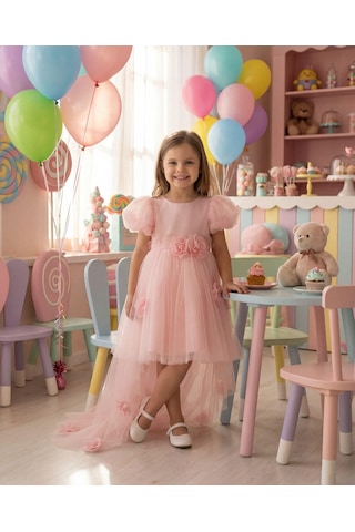 Miss Liva Kız Çocuk Kuyruklu Tüllü Çiçek Detaylı Abiye Elbise Pembe 2-6 Yaş Pembe