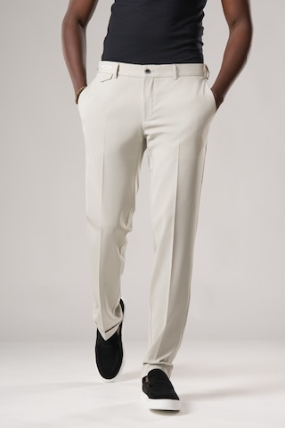 Ecer Slimfit Beli Yarım Lastikli Likralı Duble Paça Yazlık Kumaş Pantolon Açık Gri